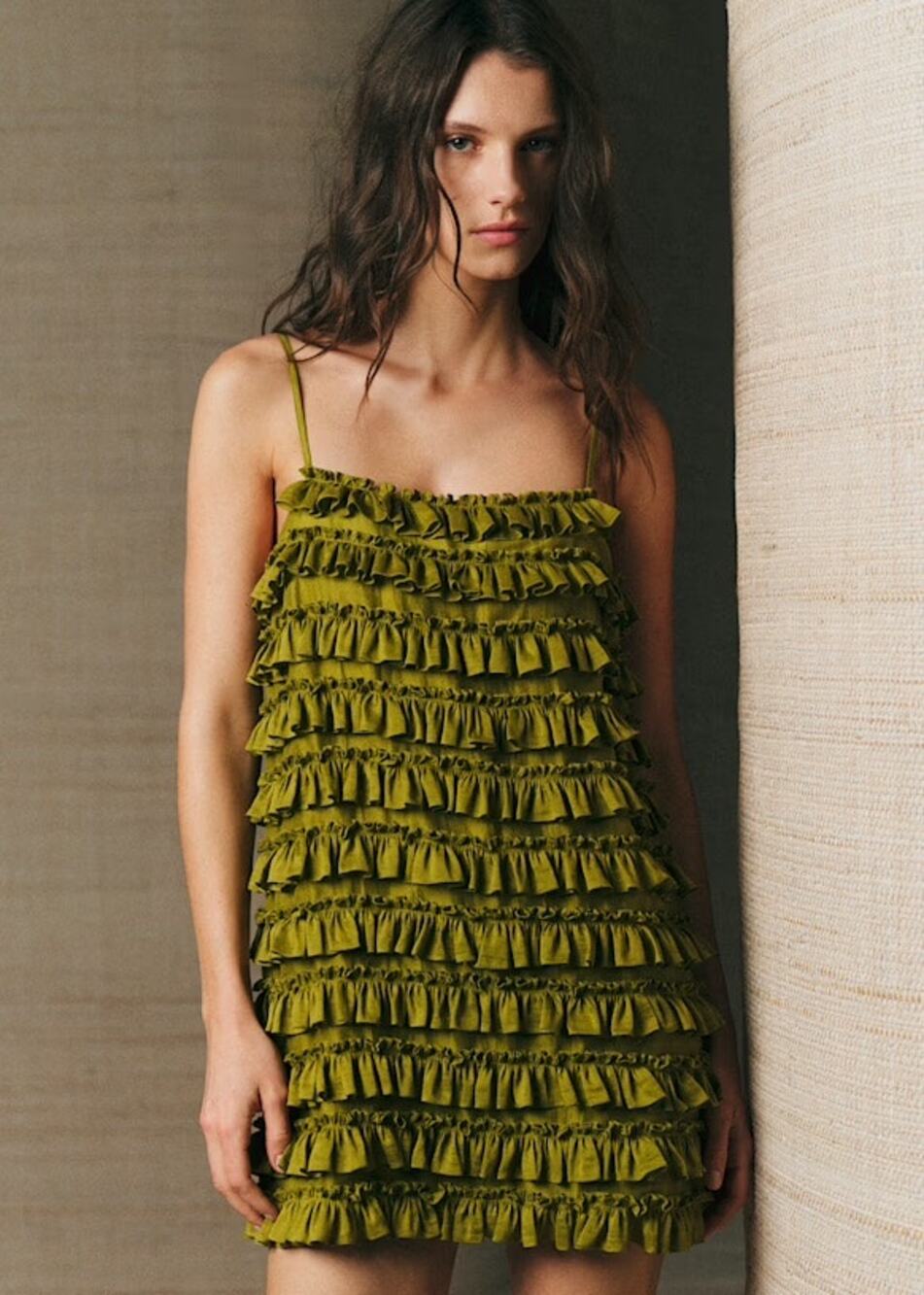 Sézane NWT Princia Ruffle Mini Dress Olive Size 36 EU 4 US